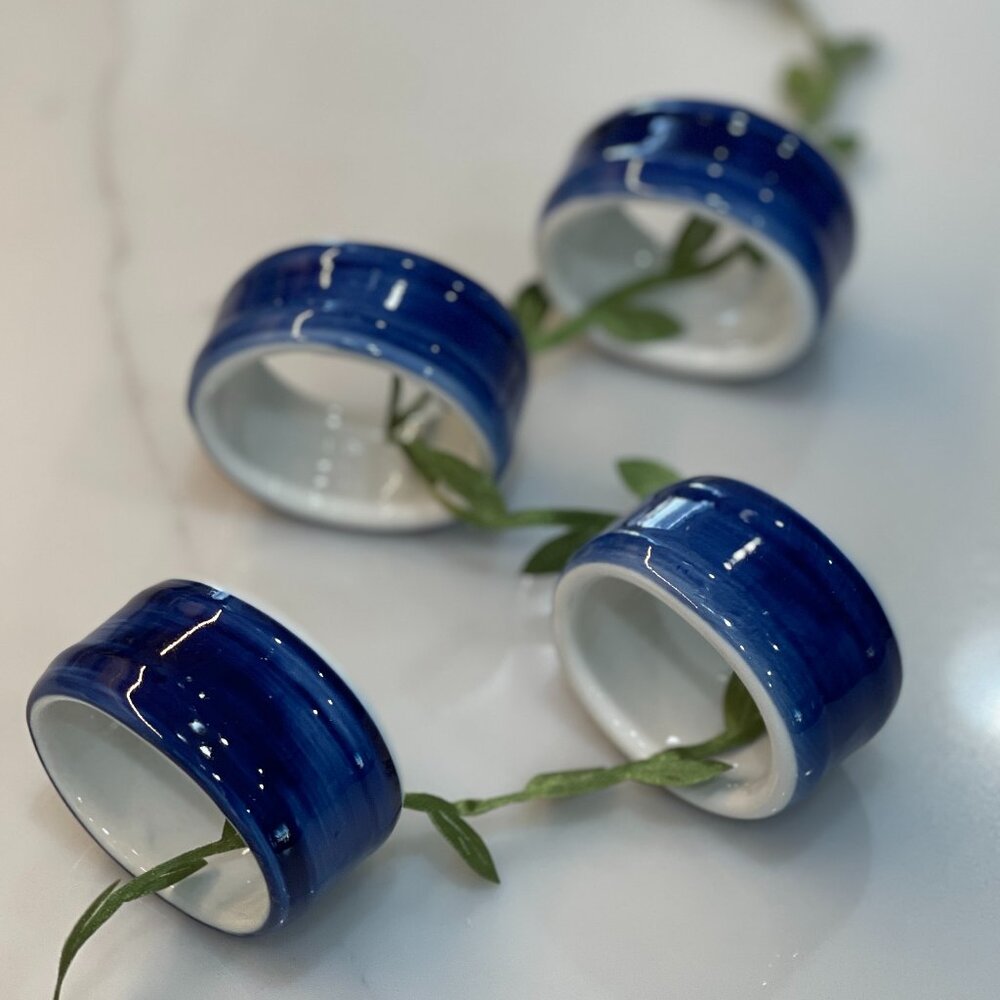 4 Glazed Ceramic Cobalt Blue Napkin Rings - Picture 8 of 10